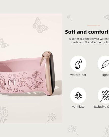 4 pack Floral Engraved Bands for Apple Watch Bands Women 38mm - 49mm,Soft Sport Silicone Floral Embossed Strap