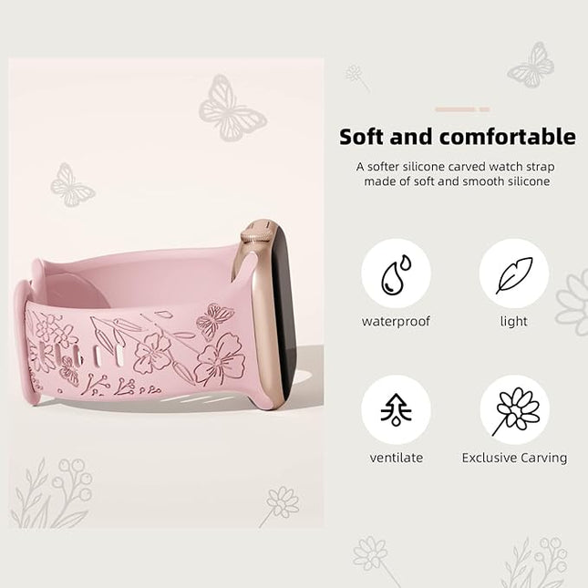 4 pack Floral Engraved Bands for Apple Watch Bands Women 38mm - 49mm,Soft Sport Silicone Floral Embossed Strap