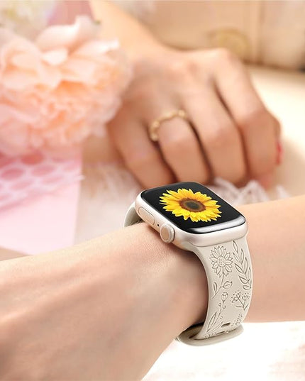 4 pack Floral Engraved Bands for Apple Watch Bands Women 38mm - 49mm,Soft Sport Silicone Floral Embossed Strap
