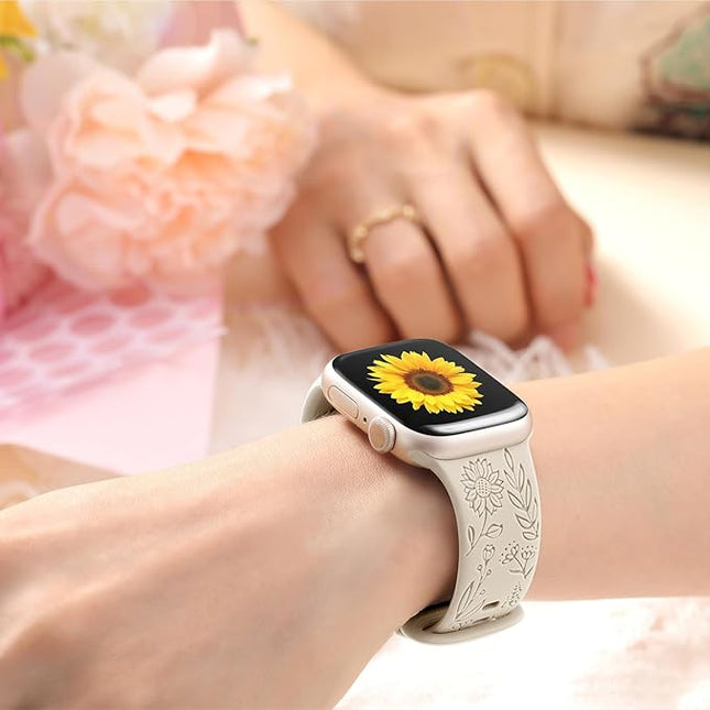 4 pack Floral Engraved Bands for Apple Watch Bands Women 38mm - 49mm,Soft Sport Silicone Floral Embossed Strap