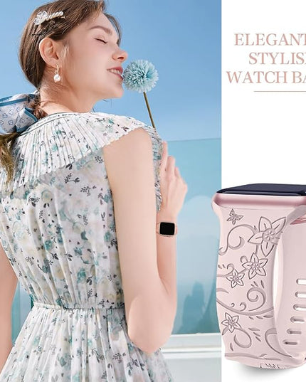 4 pack Floral Engraved Bands for Apple Watch Bands Women 38mm - 49mm,Soft Sport Silicone Floral Embossed Strap