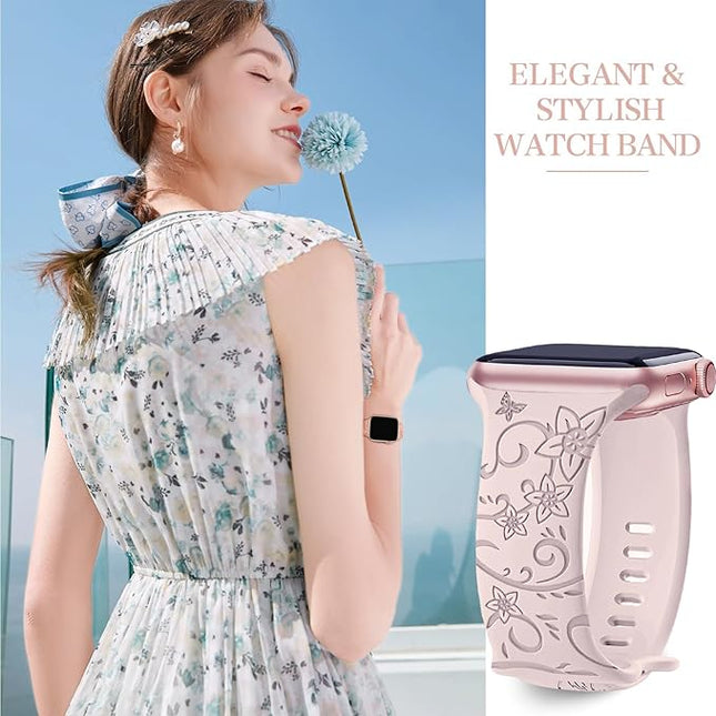 4 pack Floral Engraved Bands for Apple Watch Bands Women 38mm - 49mm,Soft Sport Silicone Floral Embossed Strap