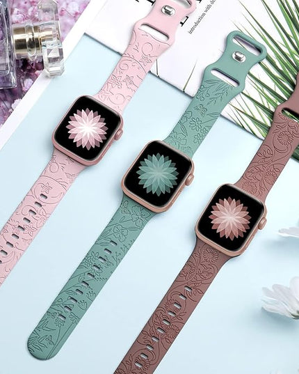 4 pack Floral Engraved Bands for Apple Watch Bands Women 38mm - 49mm,Soft Sport Silicone Floral Embossed Strap
