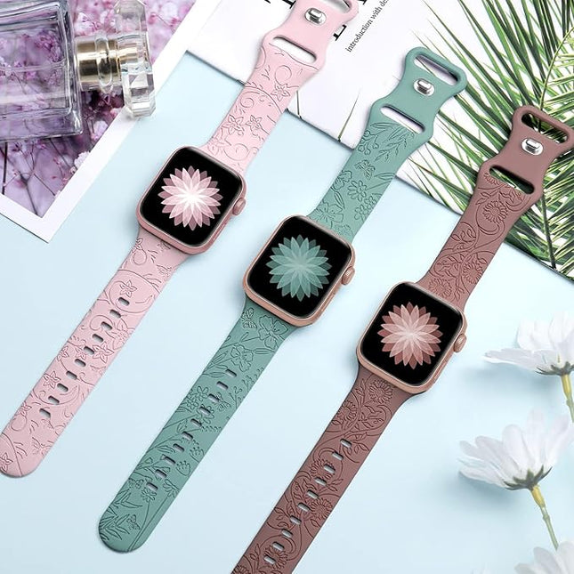 4 pack Floral Engraved Bands for Apple Watch Bands Women 38mm - 49mm,Soft Sport Silicone Floral Embossed Strap