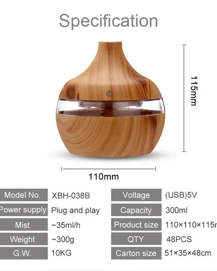 Humidifier Electric Aroma Air Diffuser Wood Ultrasonic Air Humidifier Essential Oil Aromatherapy Cool Mist Maker for Home 300Ml